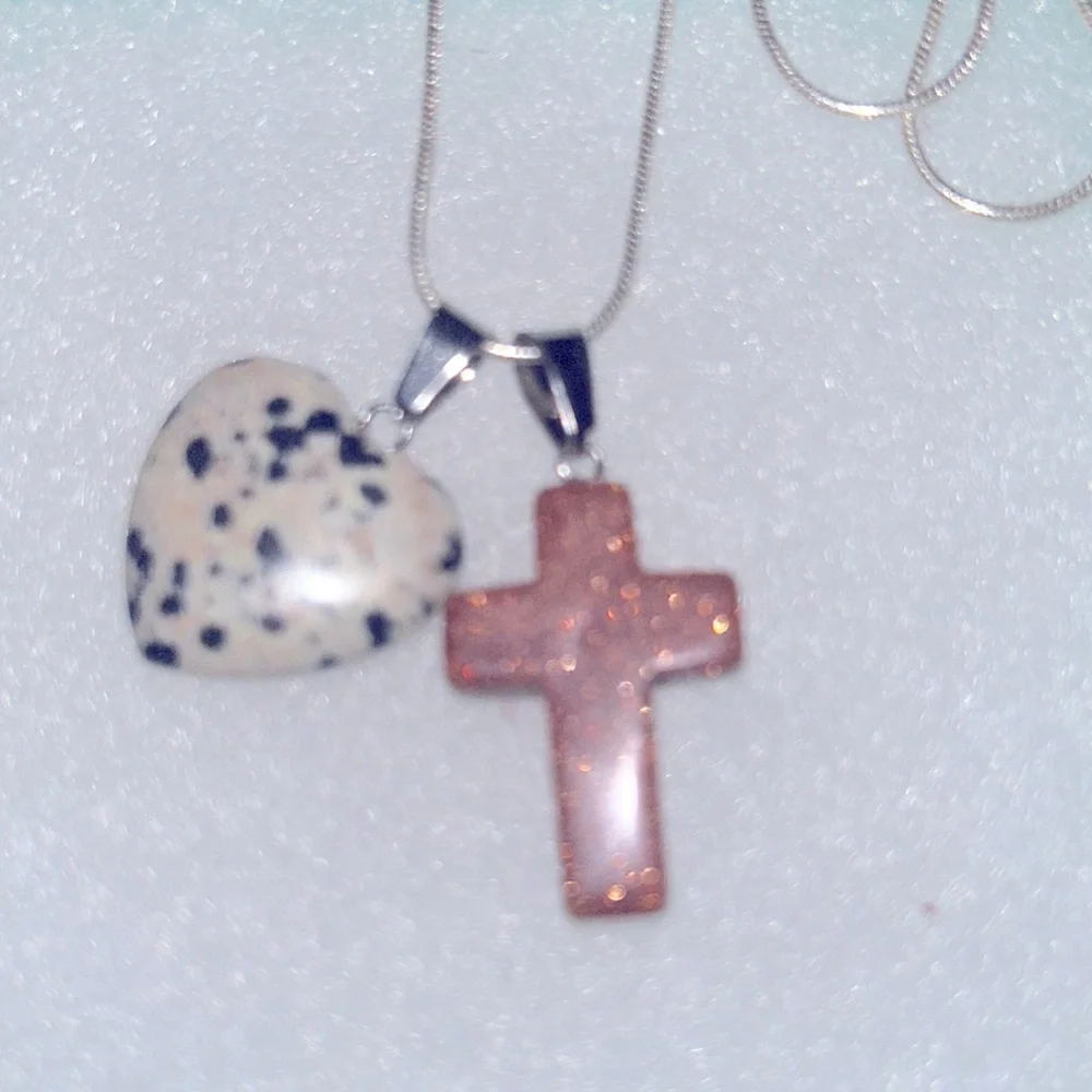 Boho Hippie Tigers Eye Cross Dalmatian Jasper Heart Sterling Silver Necklace 24”